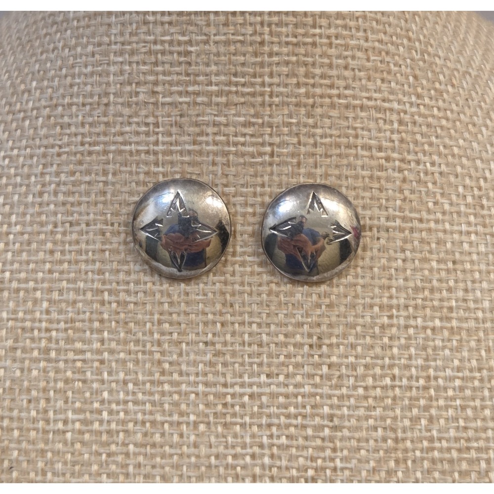 Vintage Native American Sterling Silver 15mm Stamped Concho Stud Earrings